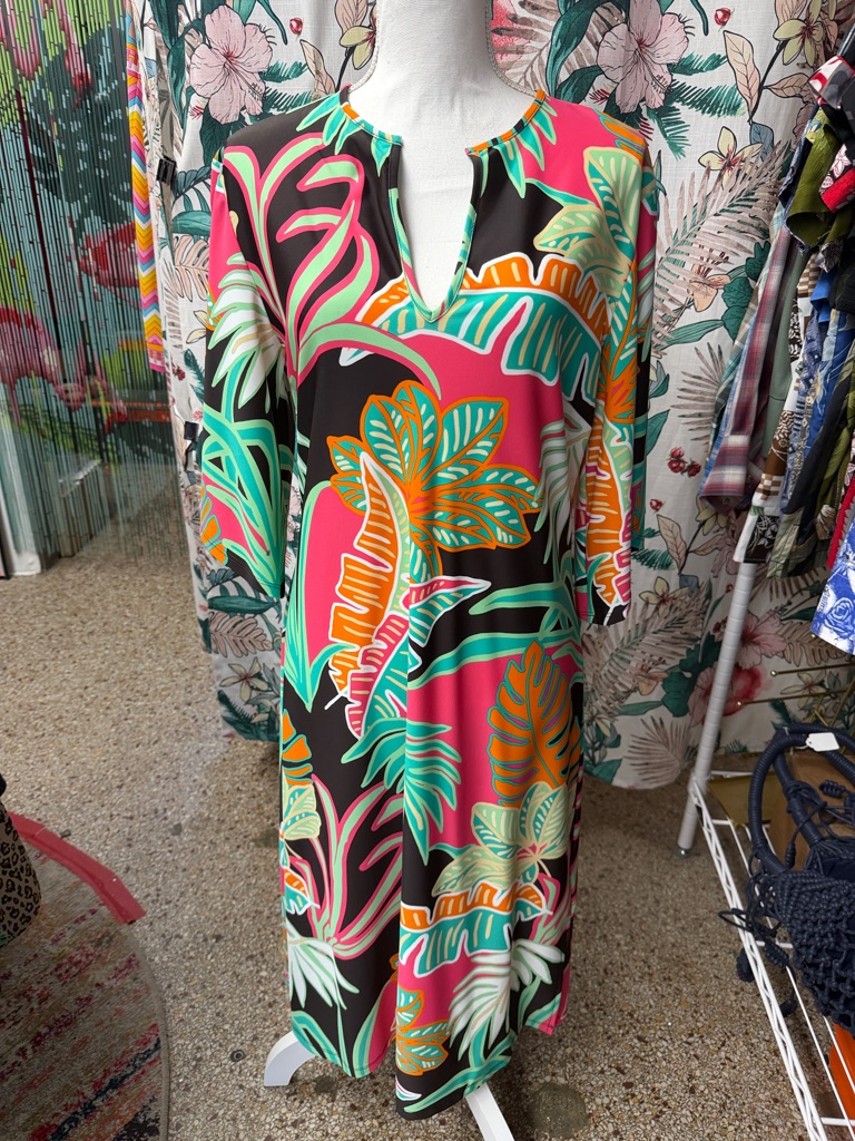 Jude Connally Tropical Print V-Neck Midi Dress In Brown, Pink & Teal Size M